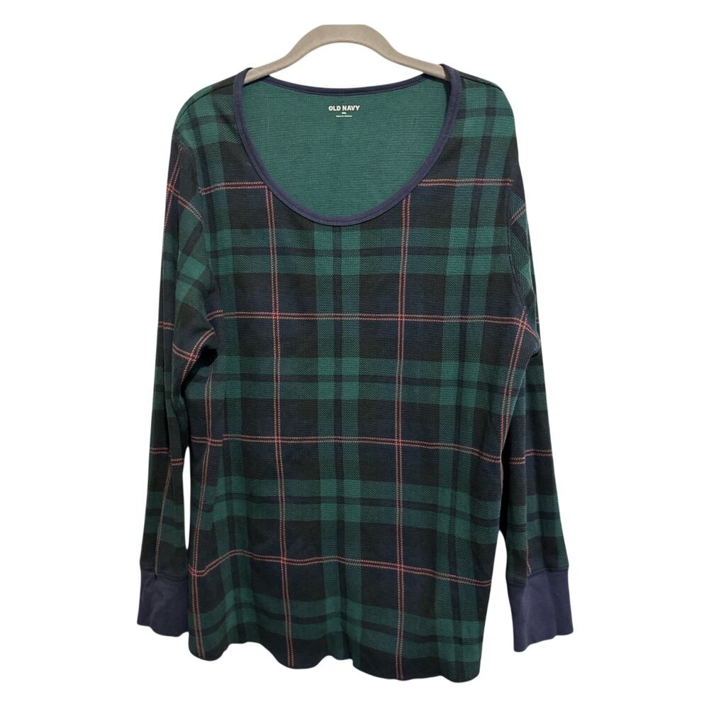 Old Navy Women’s Thermal Waffle Knit Top Size XXL Green Plaid Lounge Cabin Cozy